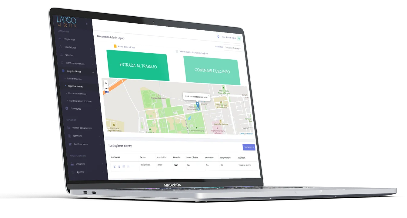 LapsoWork time tracking dashboard with clock-in and geolocation