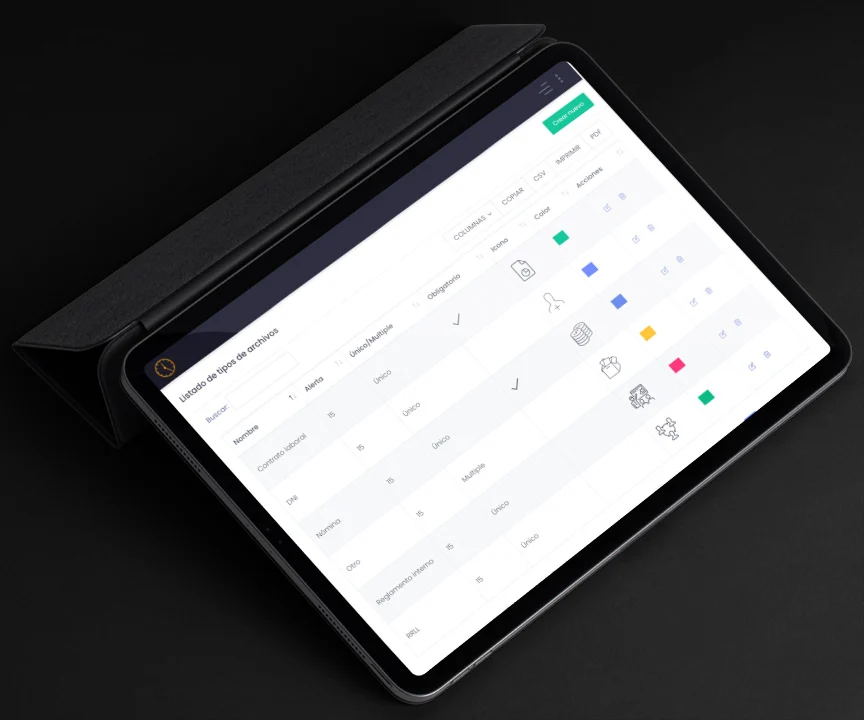 LapsoWork document manager on a tablet with file types and signature